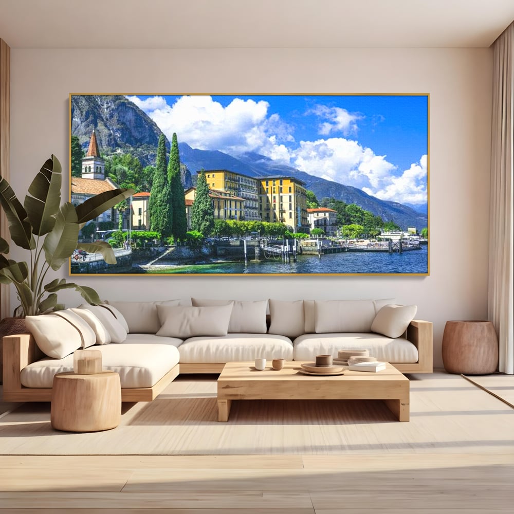 Tablou canvas cu peisaj urban pe malul lacului, in rama de aluminiu auriu, pe perete intr-un living
